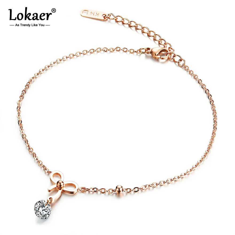 Lokaer Trendy CZ Crystal Bowknot Anklets For Women Rose Gold Color Stainless Steel Cubic Zirconia Ankle Jewelry A19036