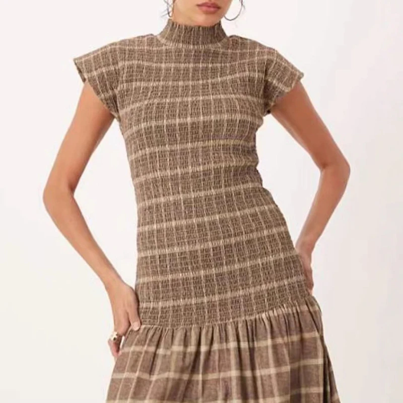 فستان صيفي طويل غير رسمي منقوش ومطبوع جديد بدون أكمام بخصر عالٍ فستان شاطئ مطوي أنيق نصف رقبة عالية فستان حفلات بقصة ضيقة #2