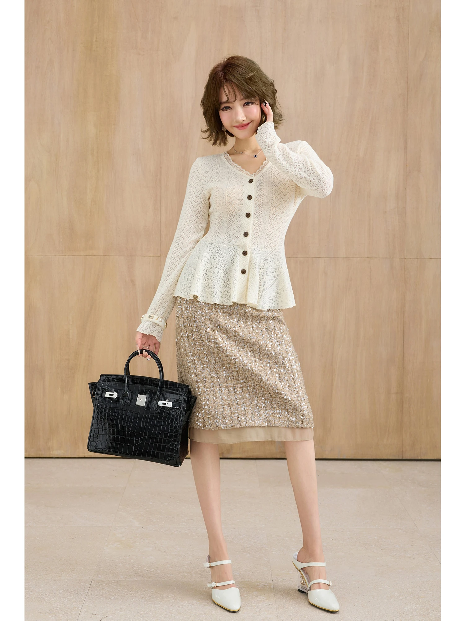 

MIUCO Gentle White Hollow Knitted Sweater Women's Flounce V-ne Waist-cinched Inner Wear Spring Faion Soft Fabric