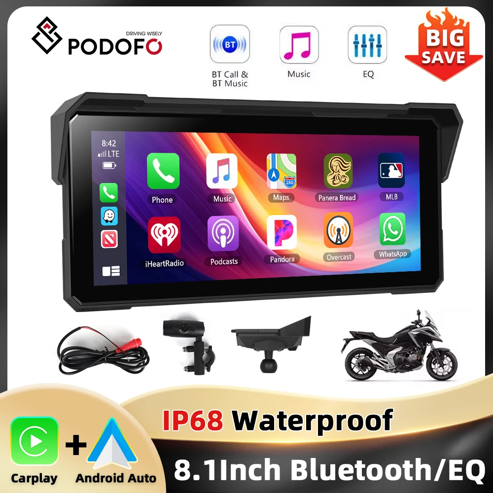 Podofo 8.1 ''Moto Carplay Android Auto IP68 Impermeabile Smart Screen Player EQ Regolazione della luminosità del suono Doppio Bluetooth
