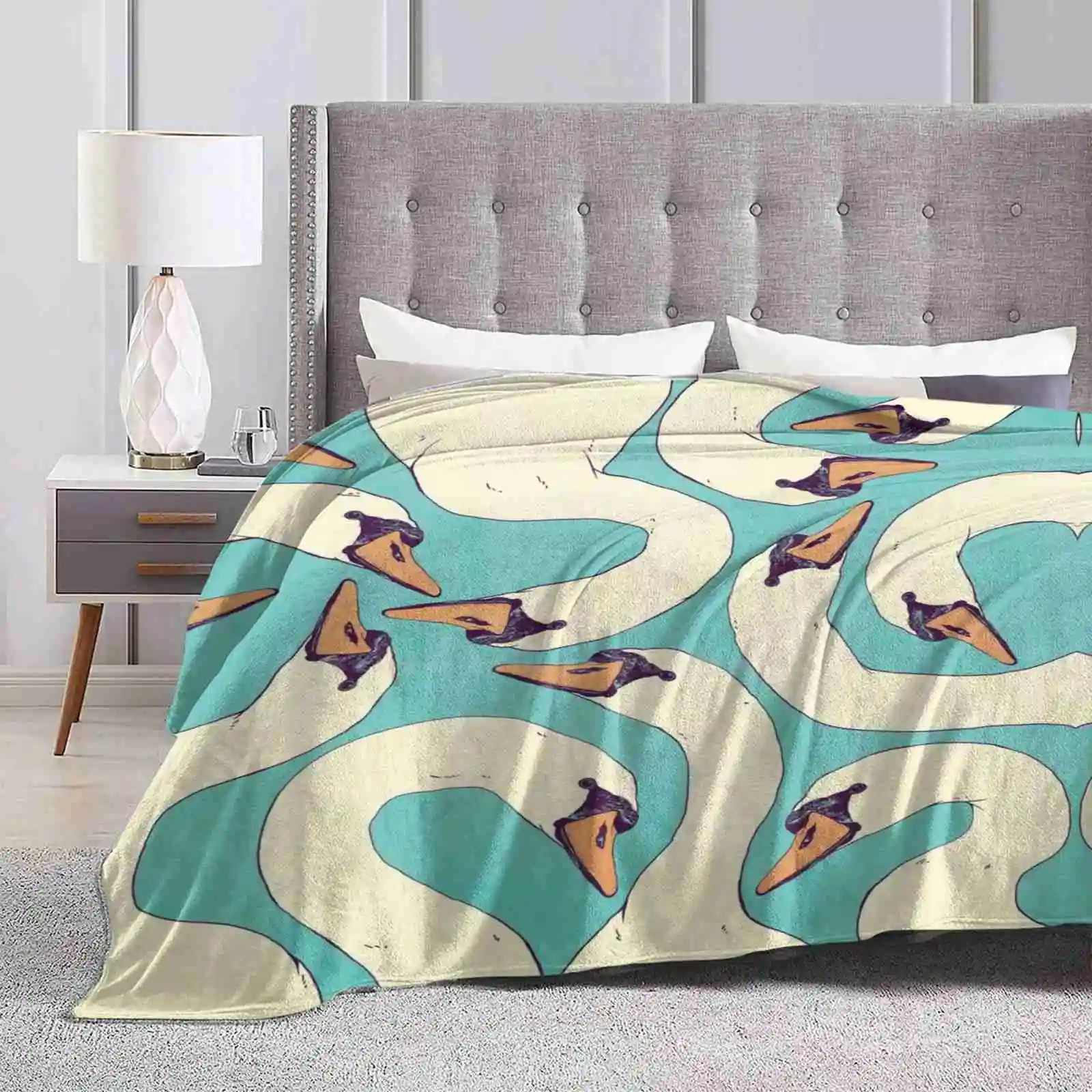 Blue Swan Top Quality Comfortable Bed Sofa Soft Blanket Swan Bird Animal Nature Pattern Line Blue Teal