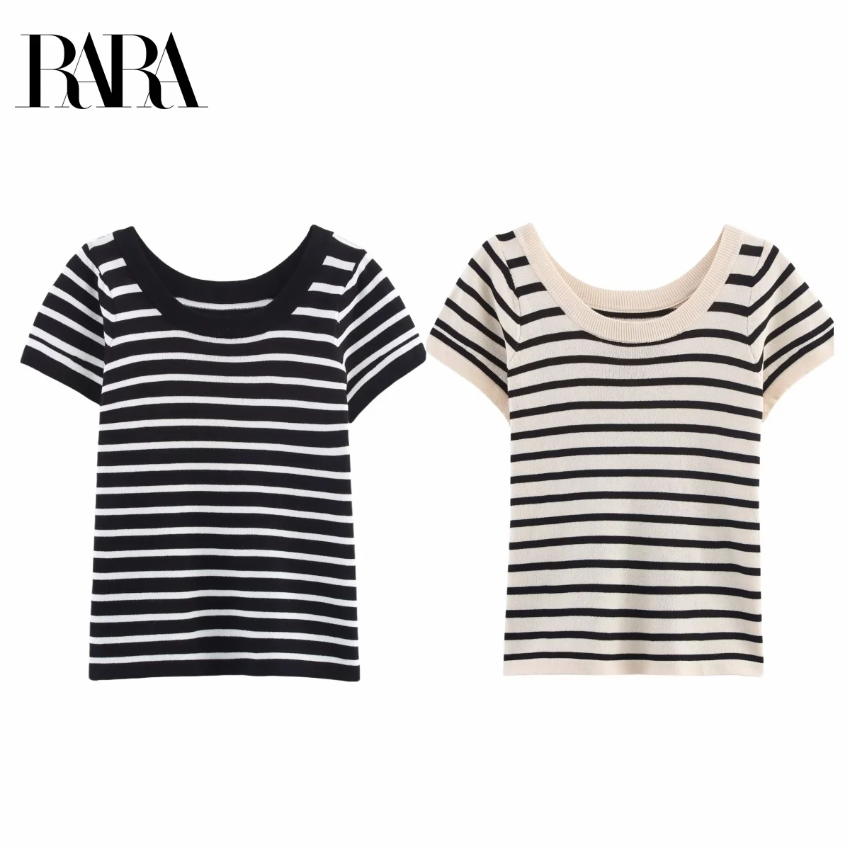 

RARA Women's Summer New Casual Loose Crew Neck Short Sleeve Striped Knit T - Shirt Simple Basic Versatile