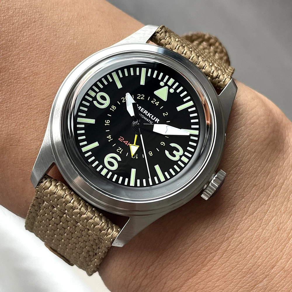 Reloj Retro Merkur Para Hombre, reloj de buceo de piel, reloj mecánico automático Vintage 24H, Relojes luminosos impermeables de 38mm Para Hombres