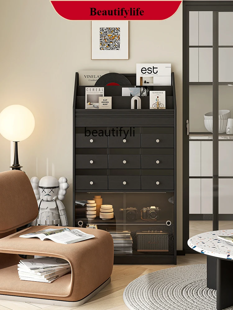 

DD132 Retro Bookshelf Cabinet Floor Chest of Drawers Living Room Simple and Light Luxury Storage Cabinet Bookcase Magazine Cabin