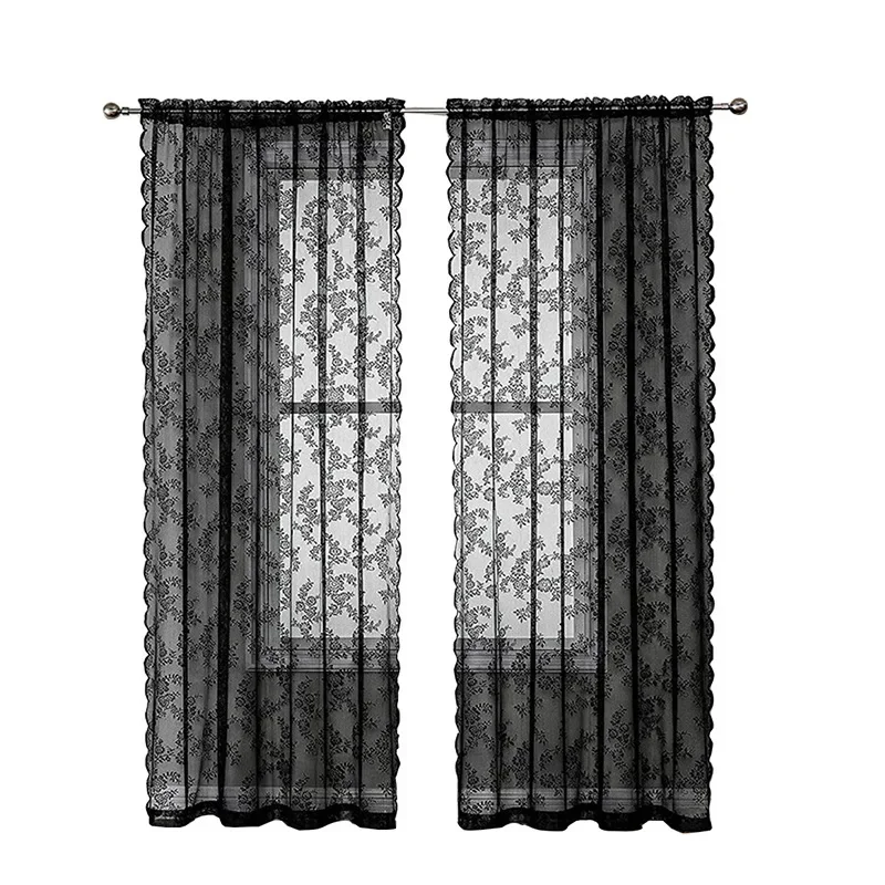 NH4214 curtain gauze curtain bedroom living room blackout Korean window screen pastoral black lace German curtain