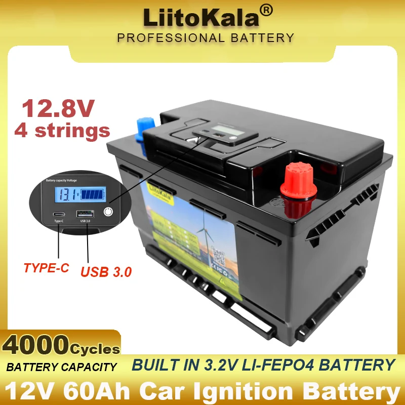 12V 60AH 4s LiFePO4 Battery Lithium Power Batteries 4000 Cycles for 12.8v Inverter Car lighter Solar Wind +14.6V 10A Charger