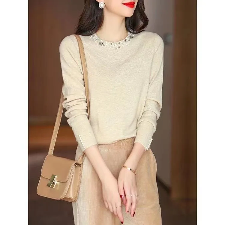 New Autumn and Winter Fashion Trend Splicing Heavy-duty Beaded Round Neck Sweater Loose and Versatile Western-style Knitted Top