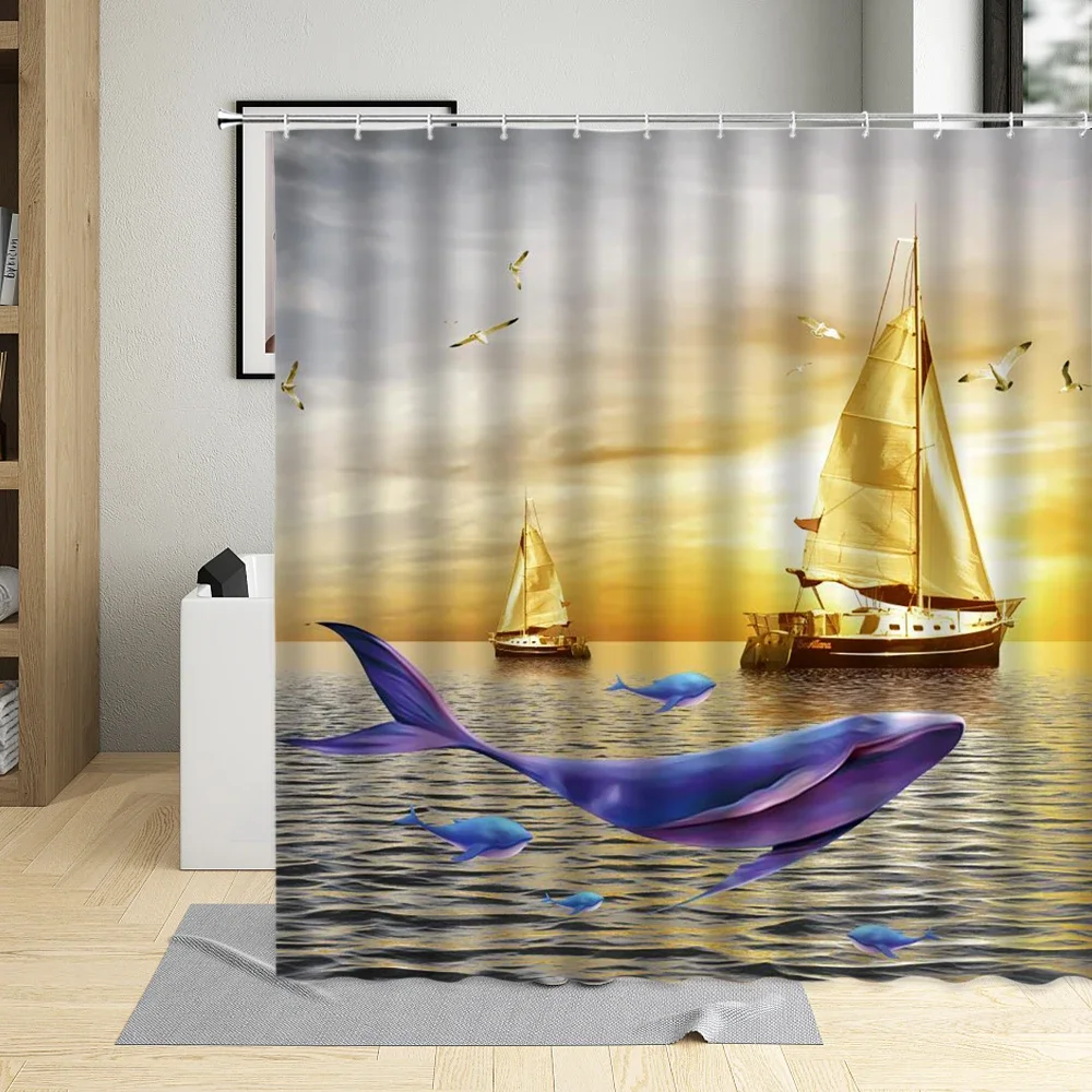 Waterproof Polyester Fabric Shower Curtain, Sailboat, Whale, Sunlight, Rainbow, Nautical, Bathtub Screens, Gold Color