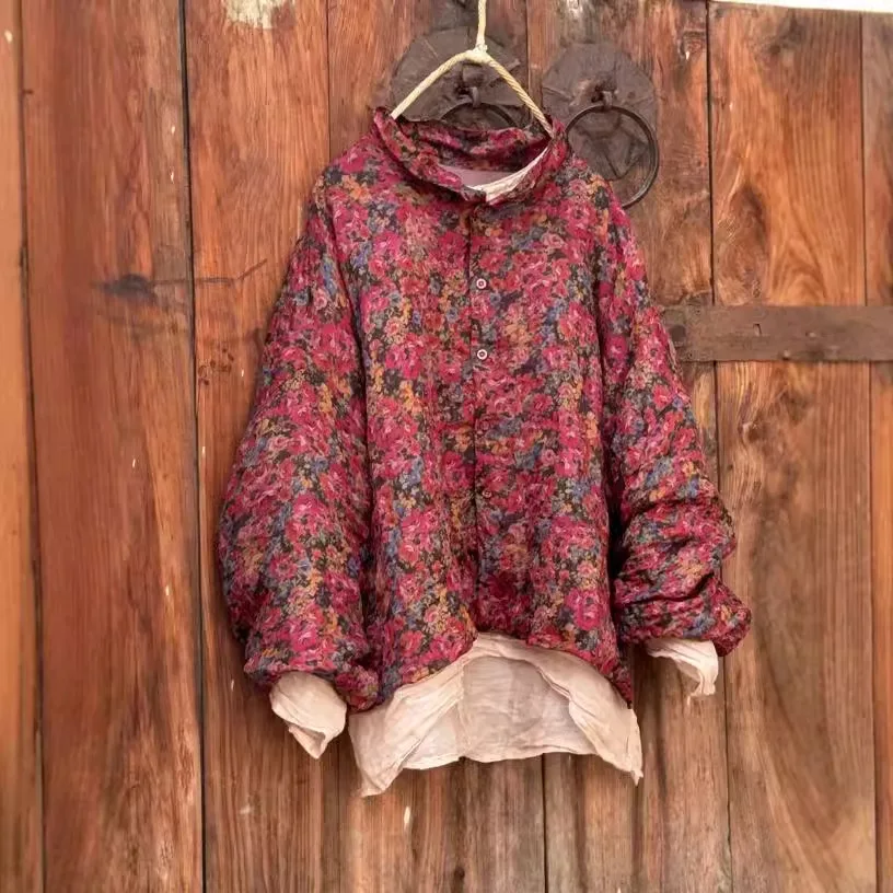 

Оригинальный дизайн, весенне-осенняя двухслойная блузка из льна с принтом в деревенском стиле, женская свободная блузка с длинными рукавами