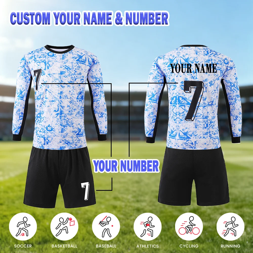 Football Jersey Kids Blue Texture Long Sleeves Jersey + Short Custom Name Number Soccer Fan Gift for 3-13Years