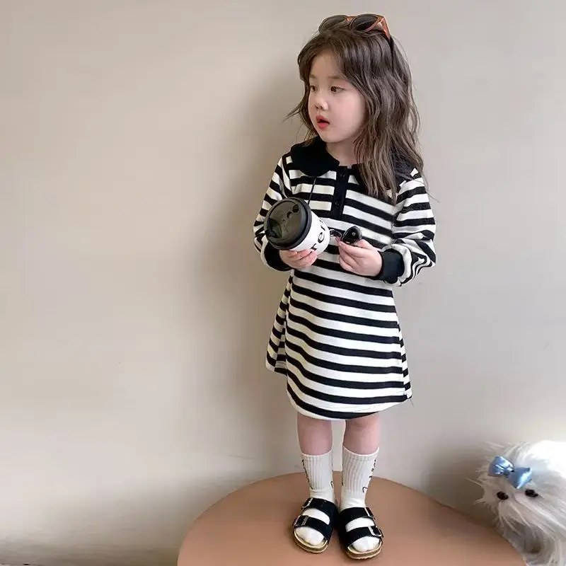 2026 Girls Striped Long Sleeve Dress Autumn Toddler Fashion Kids Clothing Trendy Baby Princess Party Dress Fall Outfit