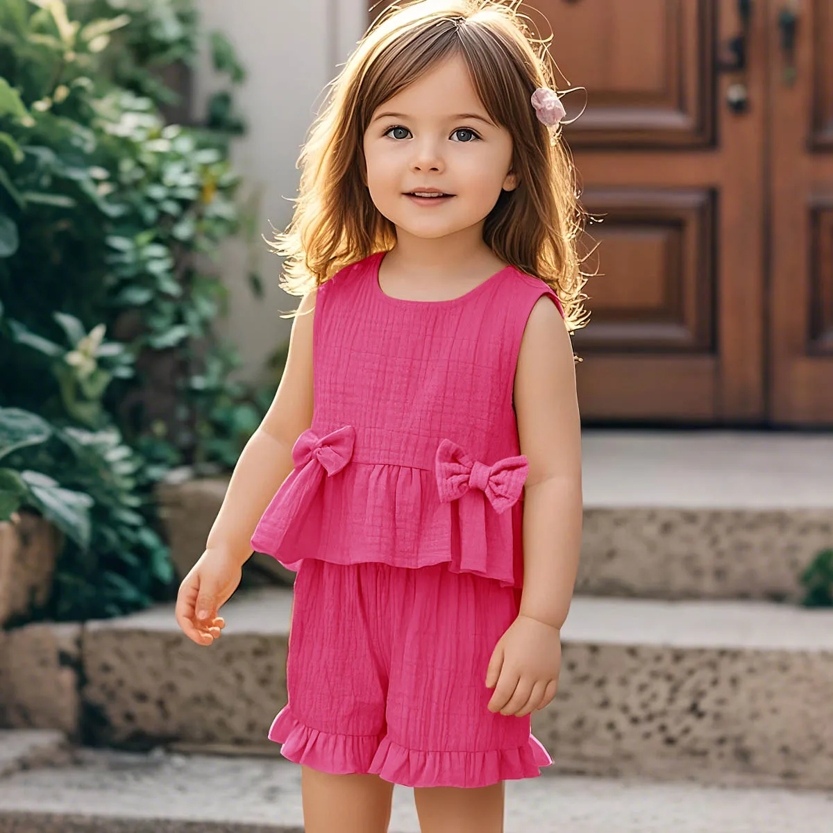 2 Pcs Sets Kids Solid-Colour Round-Neck Sweet and Cute Two-Piece Sleeveless Top and Casual Shorts Set