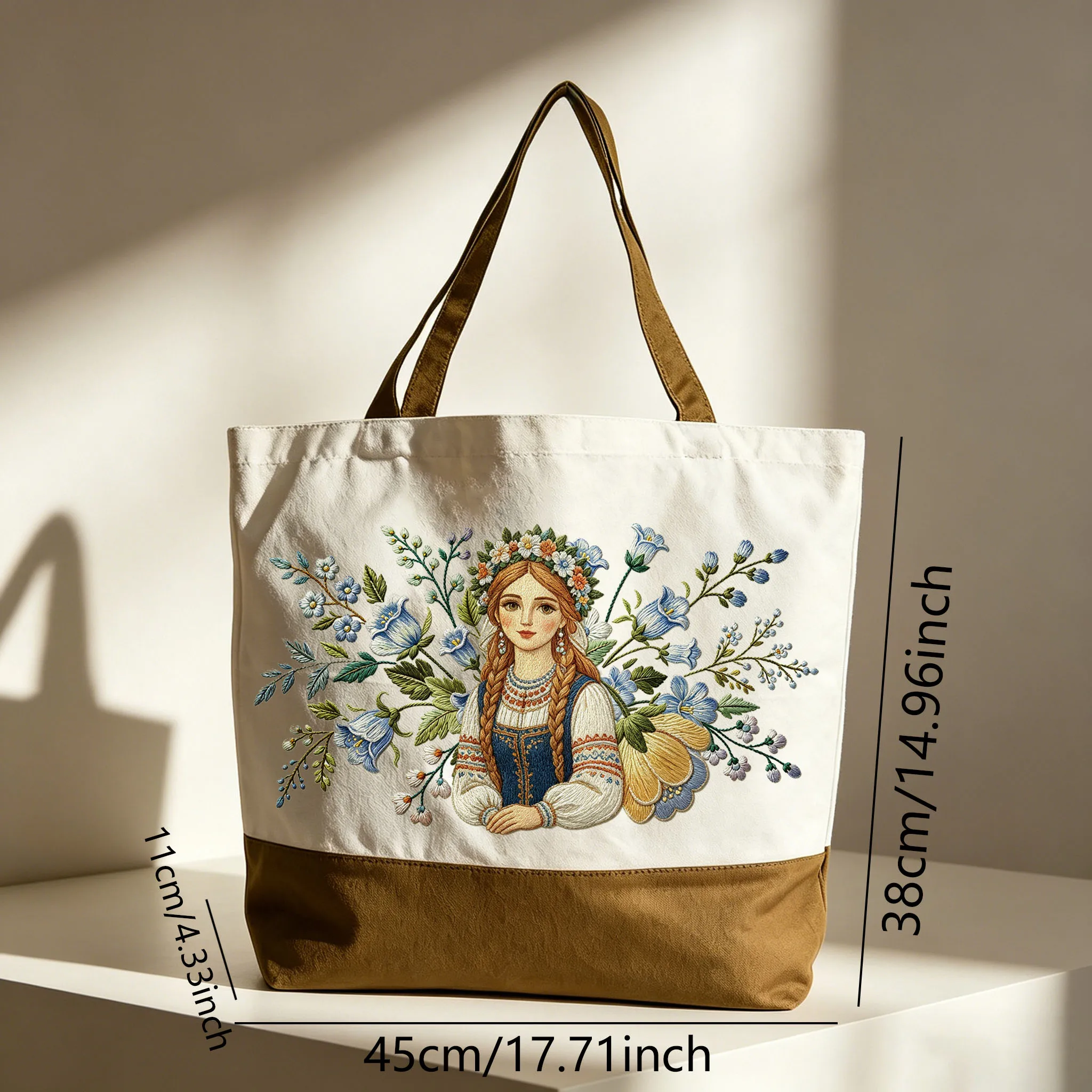 

1PC Floral Girl Pattern Brown Canvas Tote Shoulder Bag Handbag Fresh Flower Design Single Strap Tote for Women