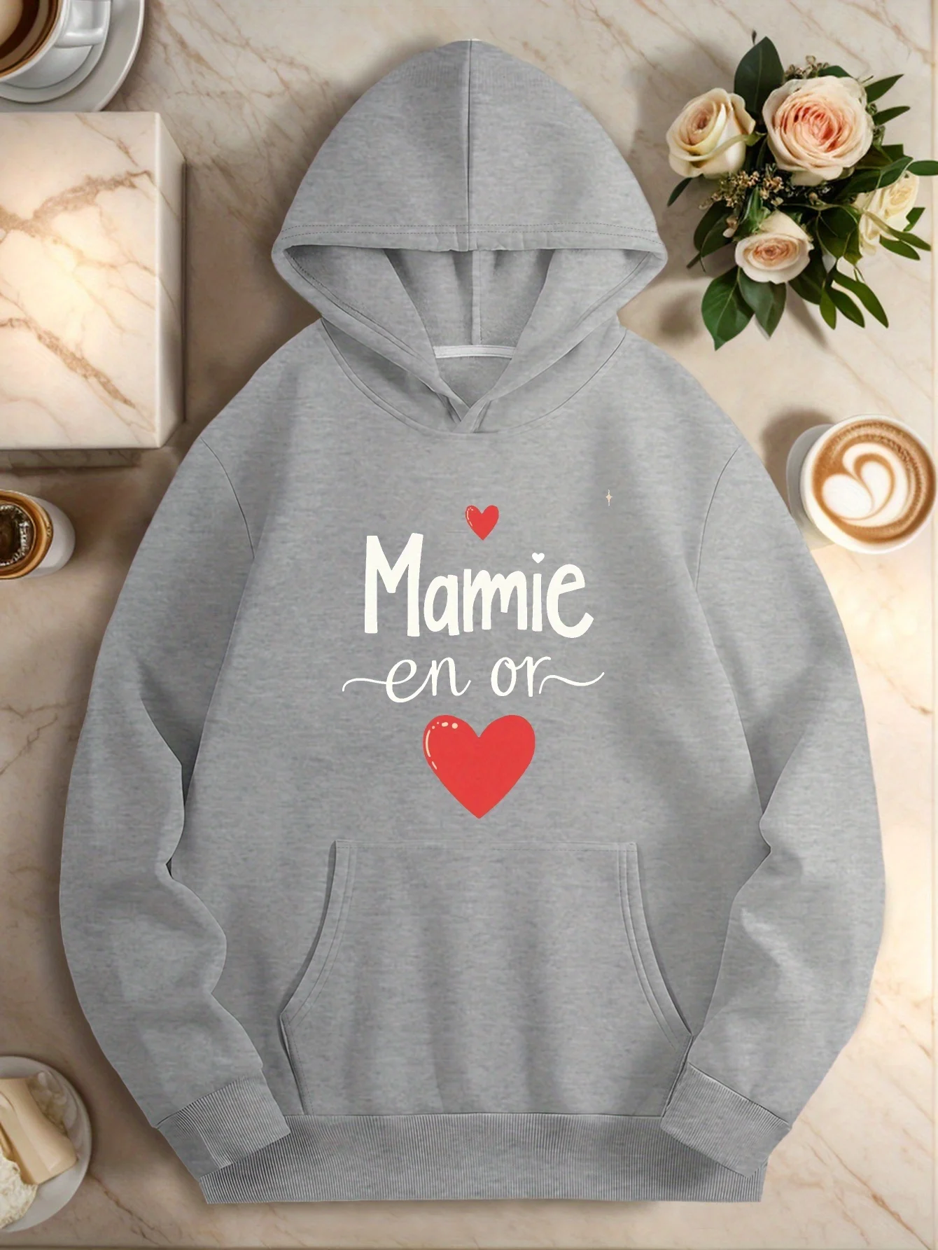 Französischer Oma-Kapuzenpullover für Damen in Übergröße – Mamie-Textgrafik – Ärmel-Kapuzenpullover mit Vordertasche – nicht dehnbarer Stoff