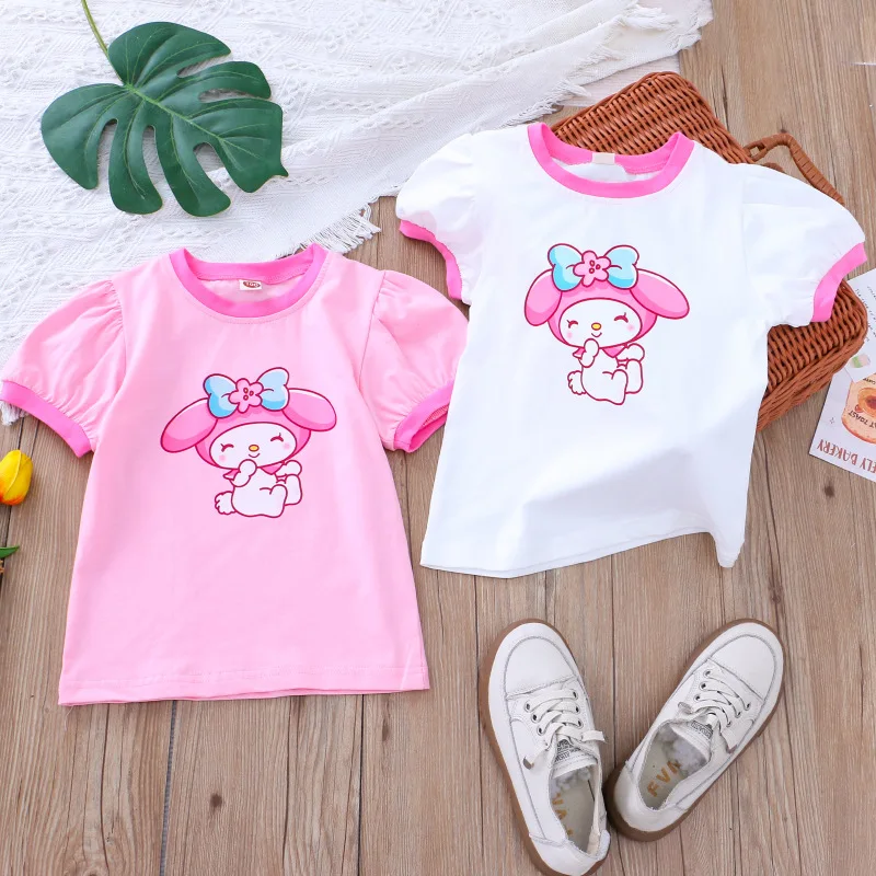 My Melody Anime Kawaii MINISO Ins Girly Heart Short Sleeved T-shirt Cute Cartoon Children Printed Clothing Gifts for Kids