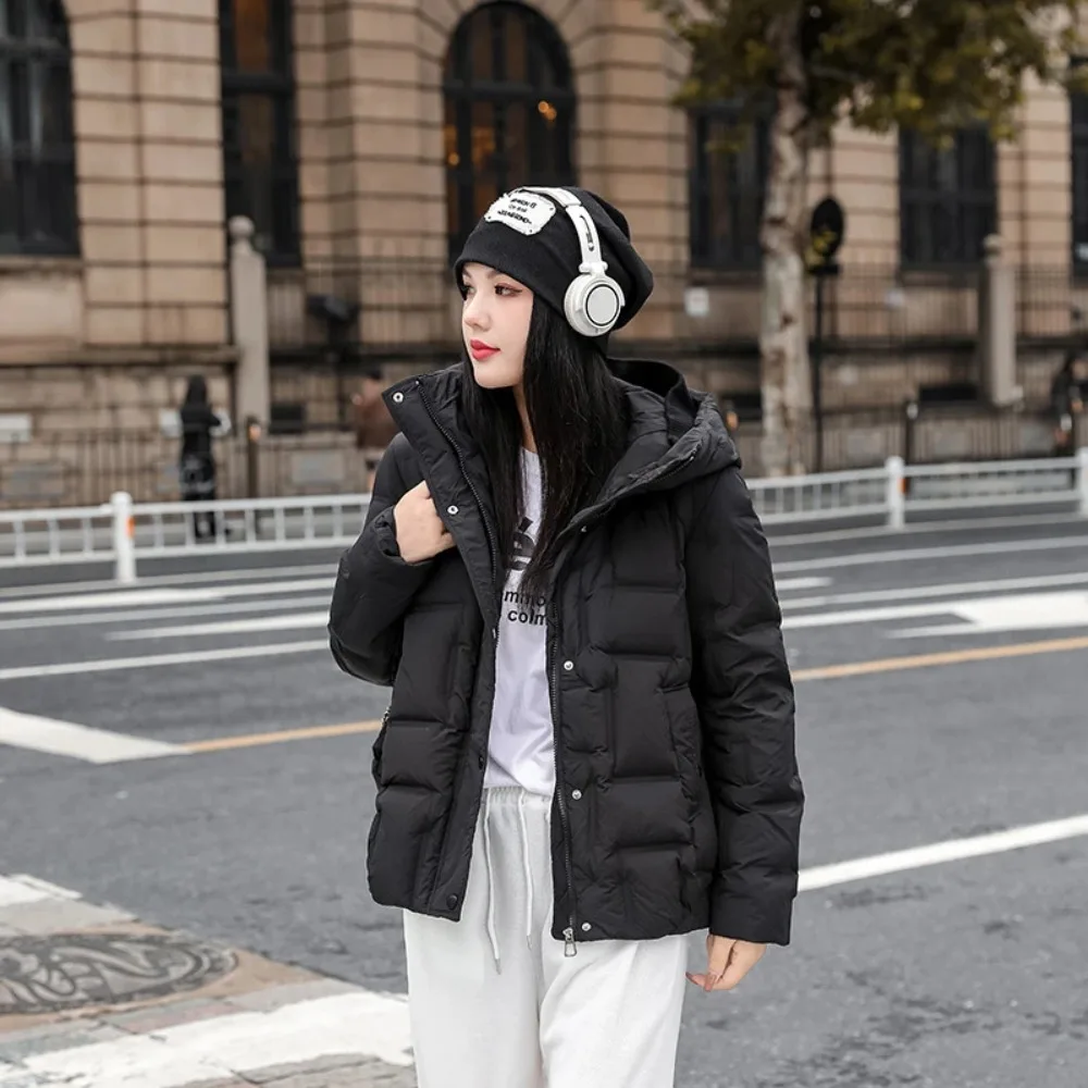 Jesień Zima Nowa Kolekcja Odzież Damska Moda Kurtka z Kapturem z Białego Puchu Kaczygo Ciepła Luźna Kurtka Puchowa Damska Prosta Odzież Wierzchnia