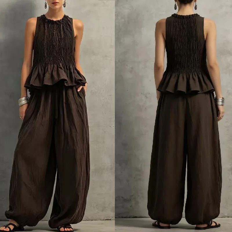 

Ruffled Sleeveless Top And Wide-leg Pants Set For Women, Relaxed And Slimming Casual Two-piece Outfit Wedding Dress Beach Femme