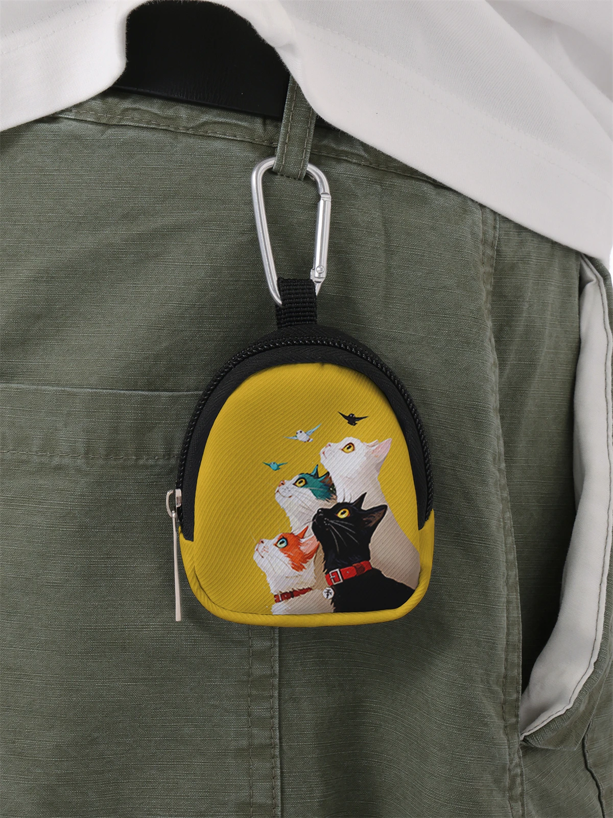 محفظة صغيرة مطبوعة بنمط قطة، حقيبة تغيير بسحاب مع مشبك خطاف، حقيبة مفاتيح لسماعات الرأس، مناسبة للرجال والنساء #1