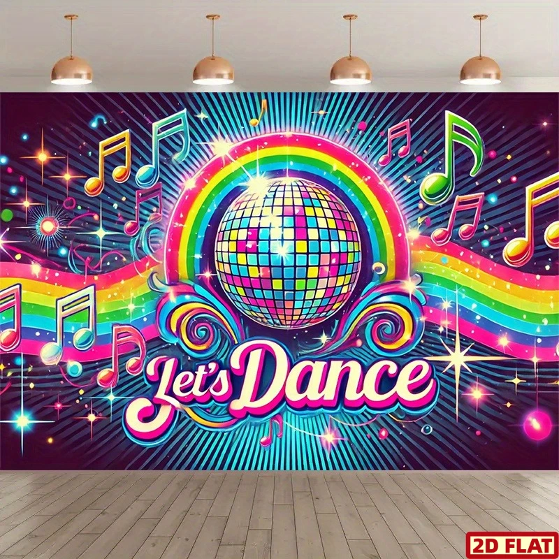 2D-Hintergrund, 1 Stück „Let's Dance“-Fotografie-Hintergrund mit lebendigen Motiven – farbenfrohe Discokugeln und Musiknoten-Design
