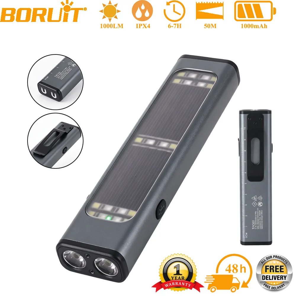 BORUiT 1000LM Portable Flashlight USB Solar Rechargeable Aluminum Alloy Torch with Magnetic Clip Work Light for Outdoor Camping