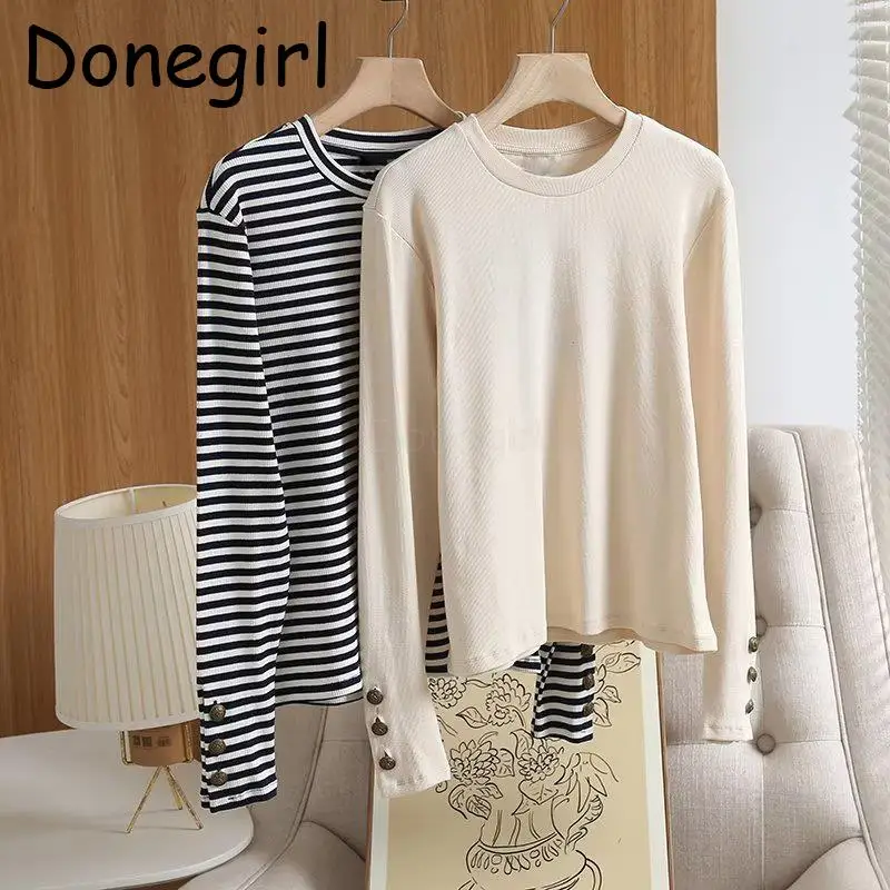 Donegirl 2023 Autumn New Women Round Neck Striped Pullover Thin Knitted Sweater Sleeve Buttons Slim Versatile Tops Female Chic