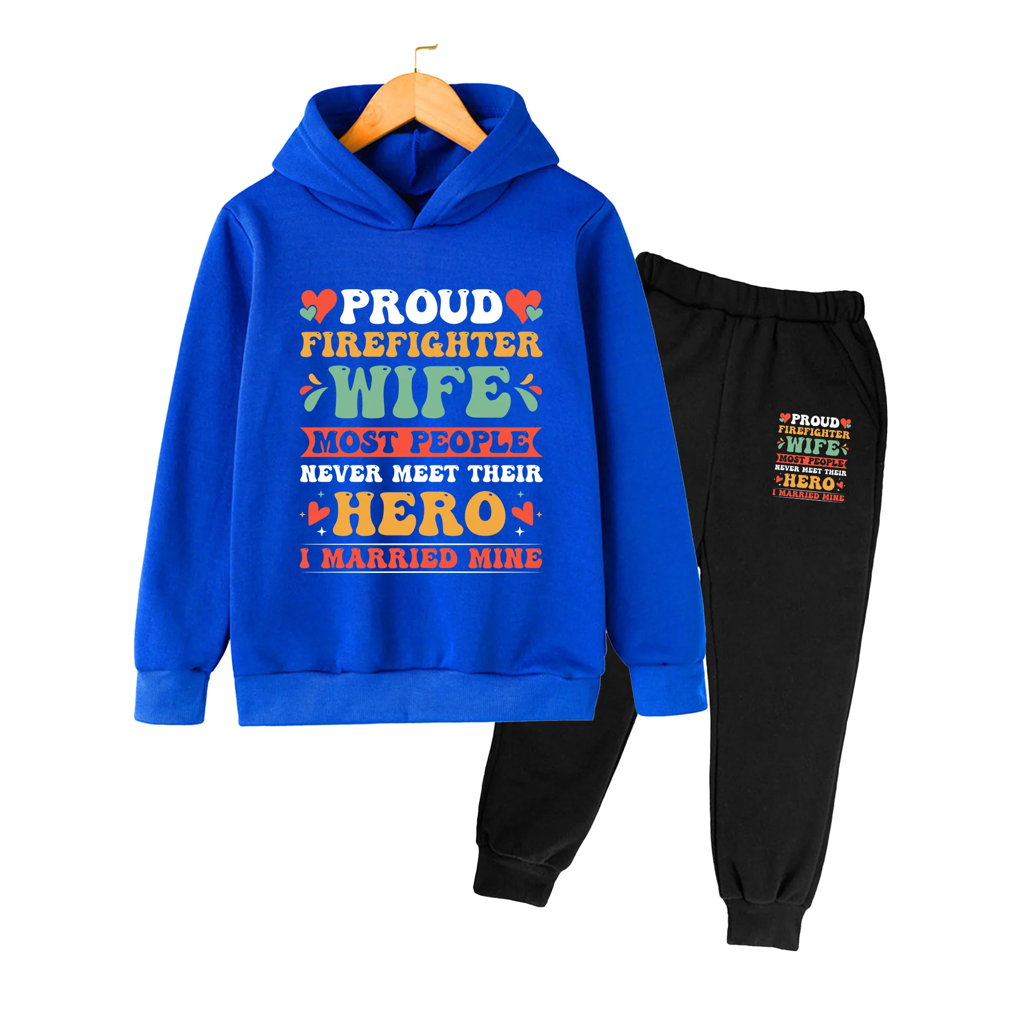 Kids Hoodie & Sweatpants Set, Retro Firefighter Wife Hero Print Casual Sportswear for Boys Girls Daily Wear
