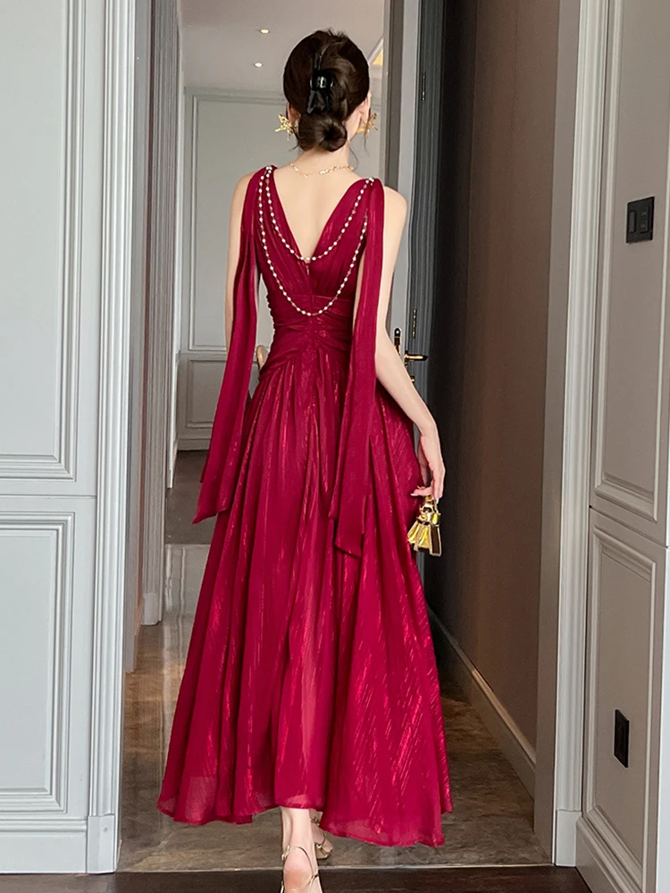 New Summer Chiffon Bright Silk Red Gown Evening Dress Women Clothes Elegant Sexy Tank V-Neck A-Line Maxi Robe Party Prom Vestido