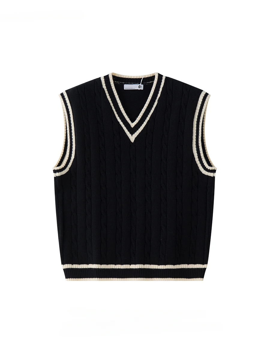 

Men Women Woven Twist Color-blocked V-neck Knitted Vests Spring and Autumn British College Style Sleeveless Sweaters Waistcoat