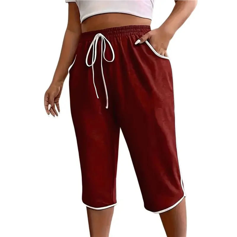 【Price Drop !!】Pants For Women Loose Comfy Workout Cropped Pants High Elastic Waist Athletic Capris With Pockets Red S