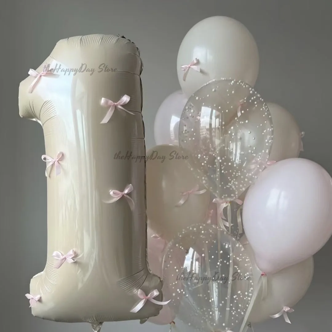 32INCH Cream Number Balloons Pink Bows Number Helium Foil Balloons for Kids 1 2 3 4 5 6 7 8 9 Milestone Birthday Party Globos