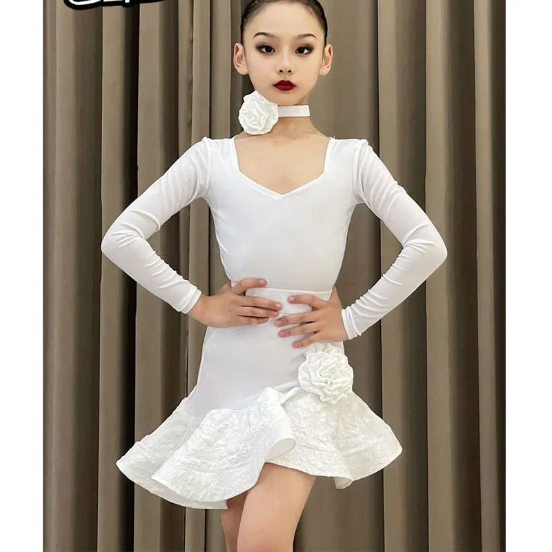 

white simple long-sleeved suit autumn and winter new Latin dance dress children's training dress girls dance dress