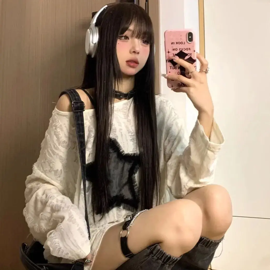 Aesthetic Loose Tees Kpop Fairycore Ripped Tshirt Harajuku Gothic Streetwear Grunge Hole T-shirt Women Fashion Star Print Y2k