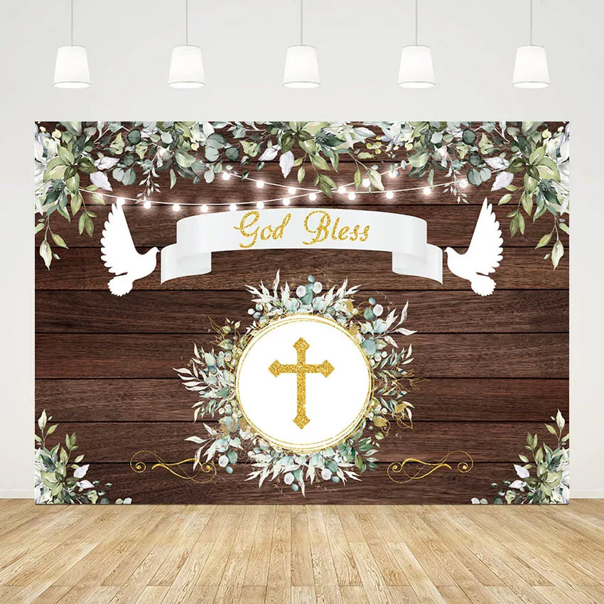 

Mehofond God Bless Wood Backdrop Green leaves Cross First Holy Communion Birthday Christening Party Cake Table Decoration Banner