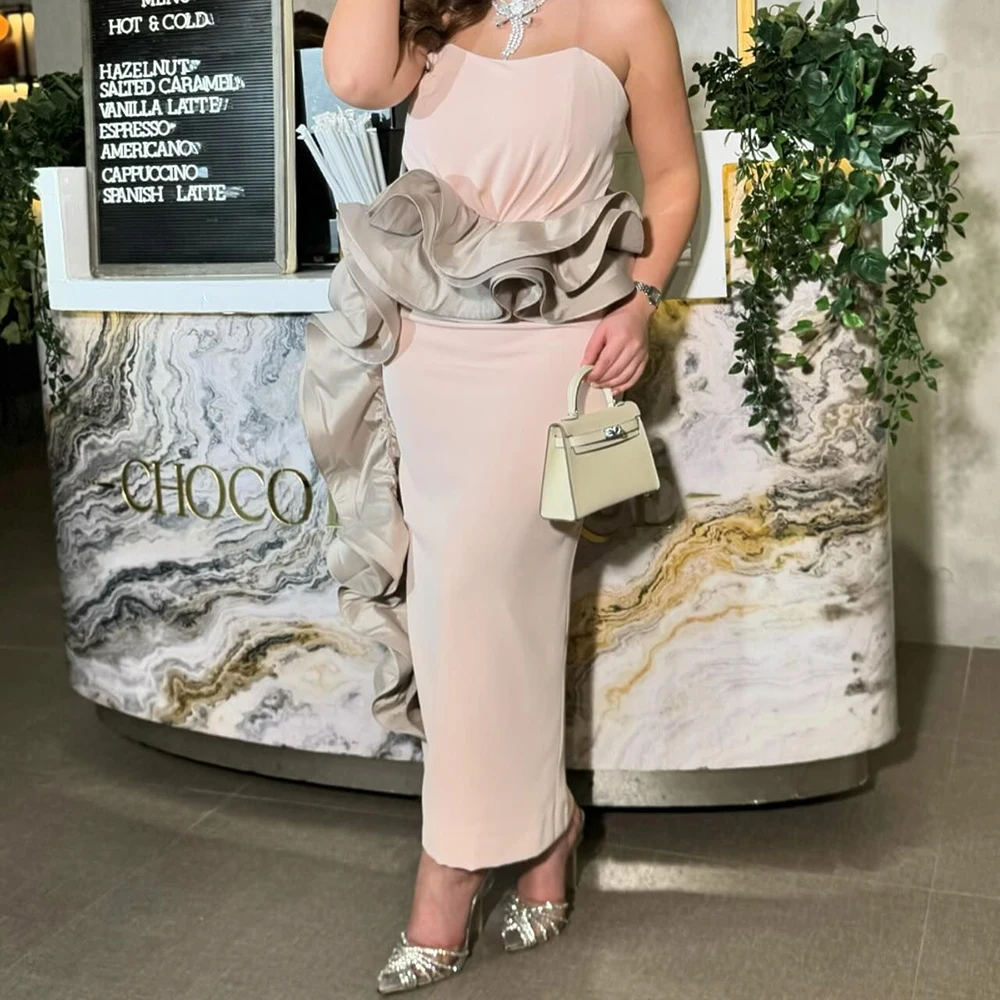 

Customized Graceful Contrast Color Pleat Strapless Ankle Length Back Slit Straight Prom Gowns Jersey Sleeveless Zipper Back فسات