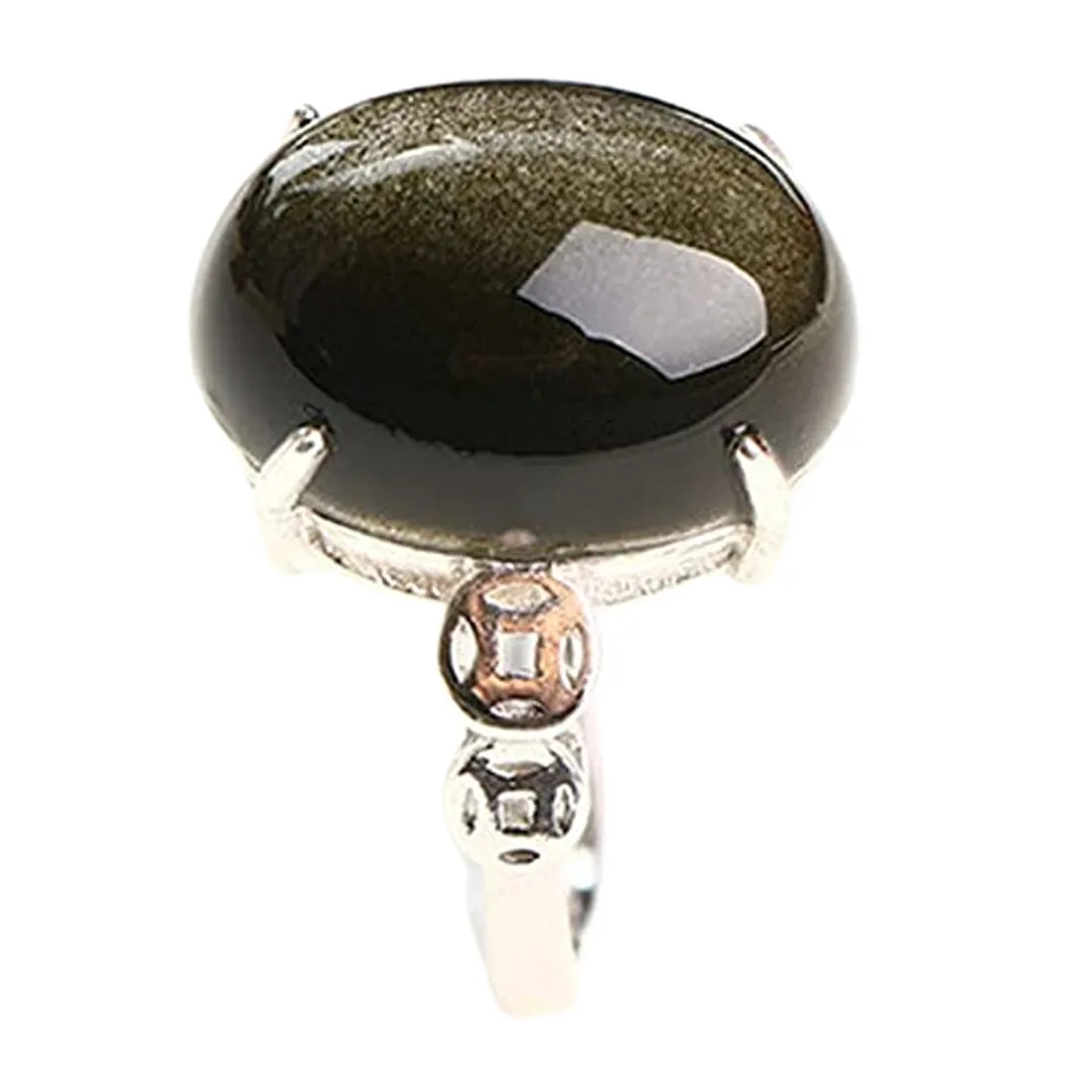 Anillo de obsidiana de oro Natural, joyería para mujer y hombre, regalo de riqueza, piedra de cristal, cuentas de plata de ley, anillo ajustable AAAAA, 16x12mm