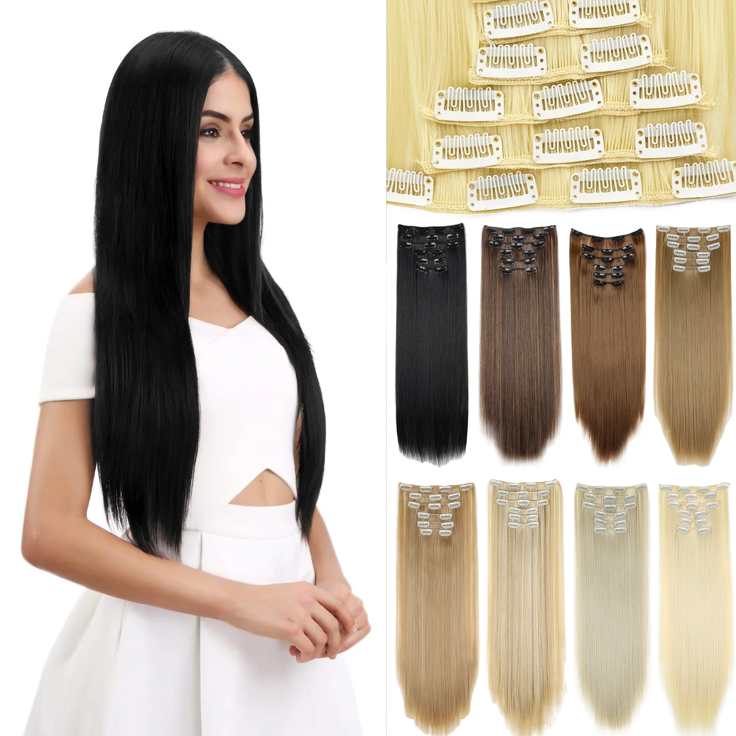 Women 24 Inch Long Straight Full Head 6 Separate Pieces Heat Resistance Synthetic Hair Clip in Hair Extensions Wig