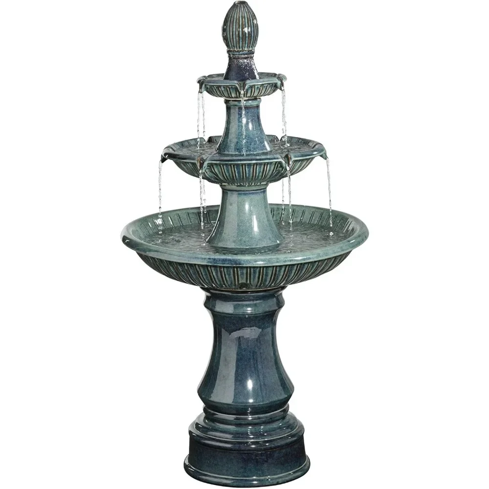 Outdoor Cascading Floor Water Fountain, 3-Tier Teal Blue Ceramic 46