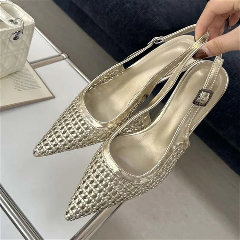 Aneikeh Fashion Hollow Woven Buckle Strap Sandals Slingbacks Pumps Women Elegant Pointed Toe Thin Low Heels Dress Banquet Shoes