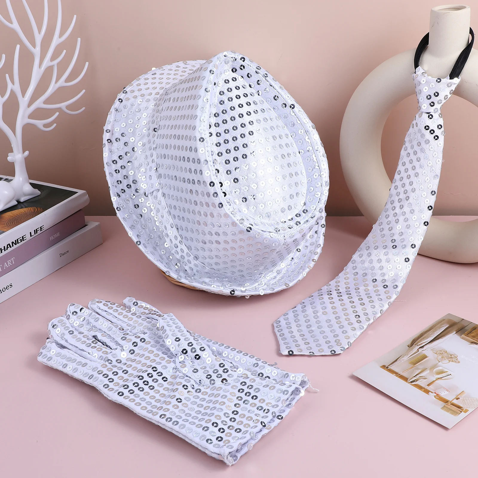 1Set Jazz Dance Costume Accessories Shiny Sequins Hat Gloves Necktie for Kids Adults Stage Performance Party Carnival Decorative