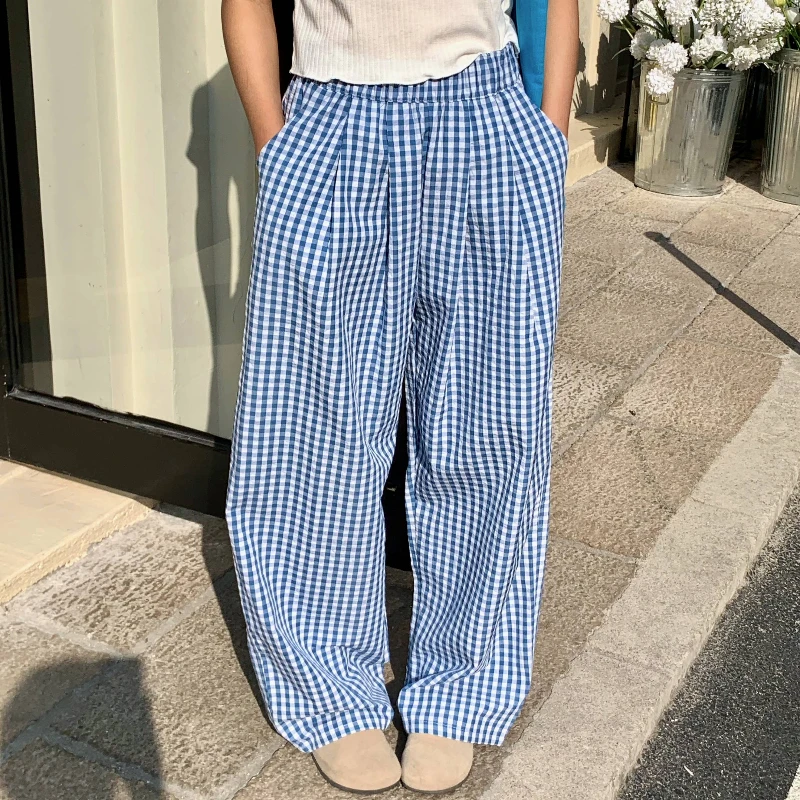 

REALEFT винтажные клетчатые женские широкие брюки с карманами, новинка 2025, весна-лето, повседневные прямые свободные брюки с высокой талией, женские прямые брюки