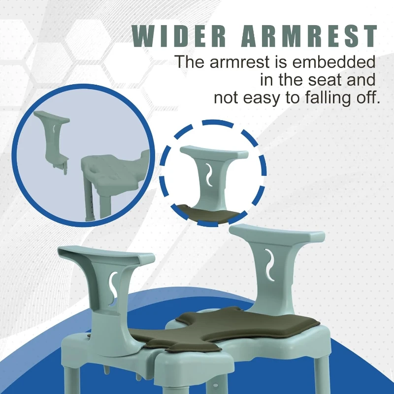 كرسي استحمام مريح لكبار السن والمعاقين، مقعد دش مع ظهر مبطن ومسند للذراعين، ارتفاع 5 مستويات قابل للتعديل