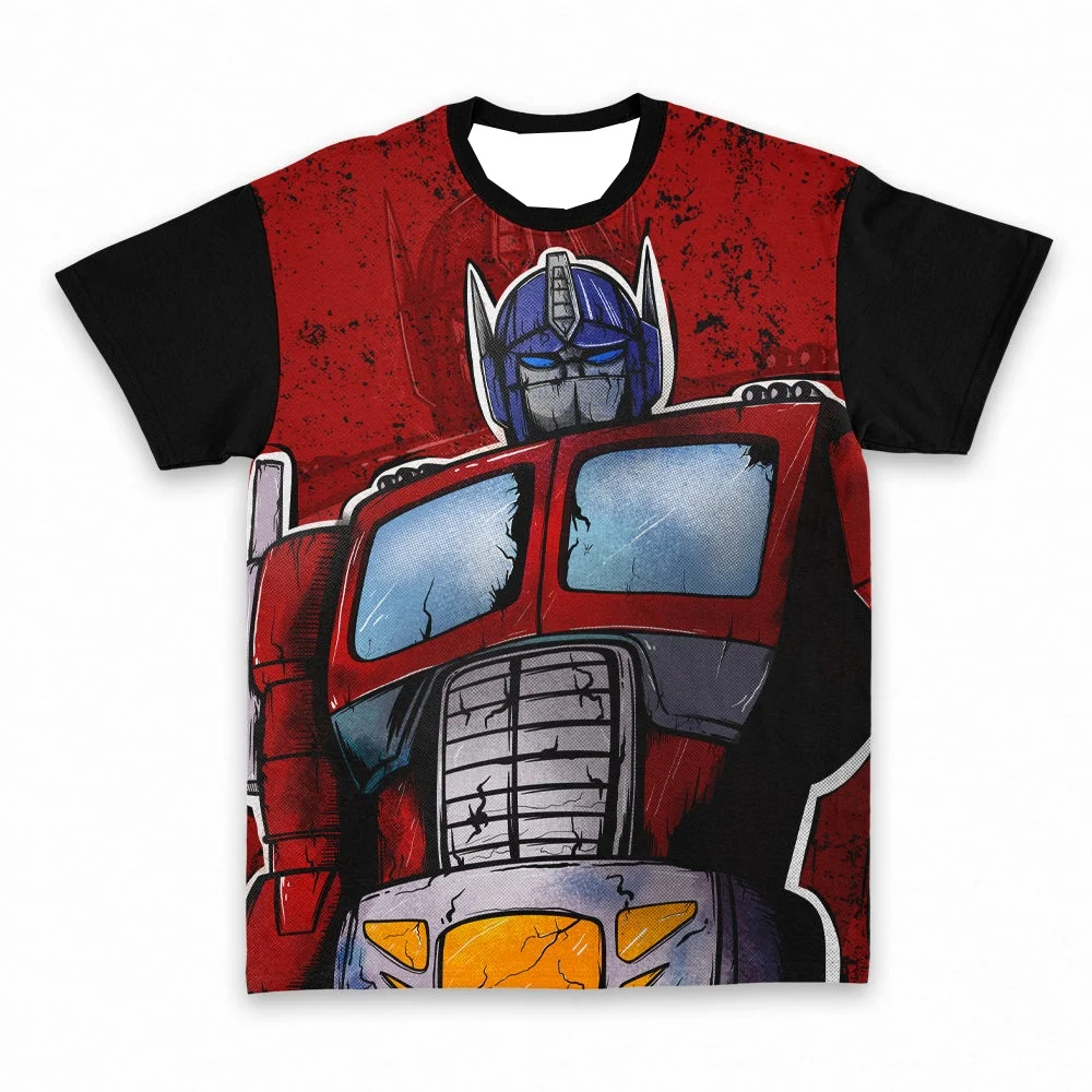 Camiseta con estampado de cómic vintage de Transformers Optimus Prime, camiseta gráfica roja y negra de anime