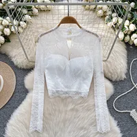Basics Long Sleeves Chic Lace Vintage Stand Neck Hollow Out Fashion Slim Short Top French Streetwear High Street Autumn T-Shirts