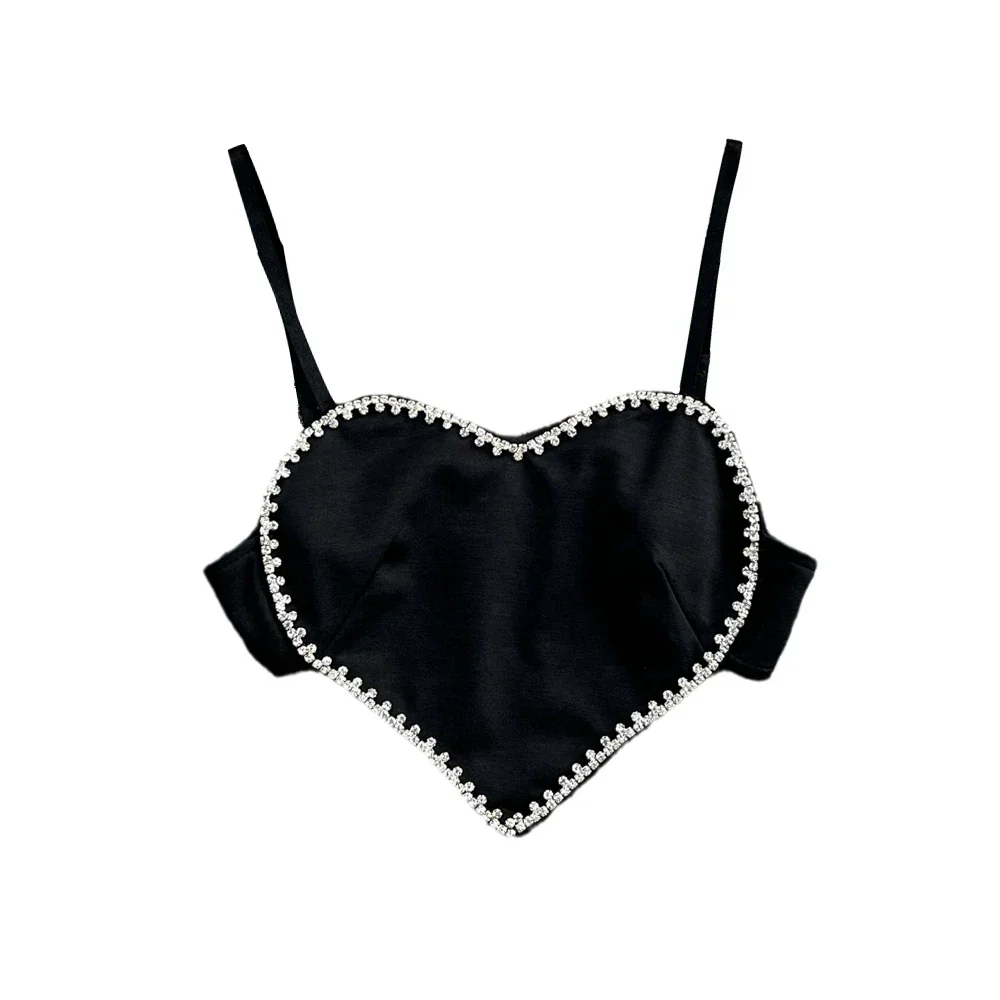 Heart Shape Camis Tops Women Sexy Rhinestones Heart Crop Tops Women Sweet Girls Gemstones Crop Tops