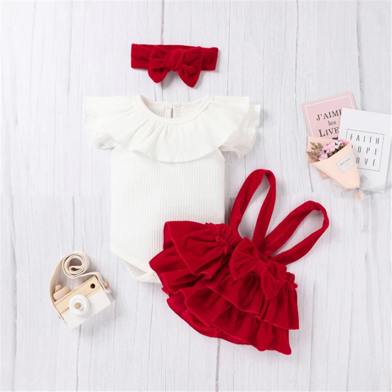 Christmas Newborn Infant Baby Girl Valentine Bodysuit+Velvet Suspender Shorts+Headband Set Newborn girl clothes