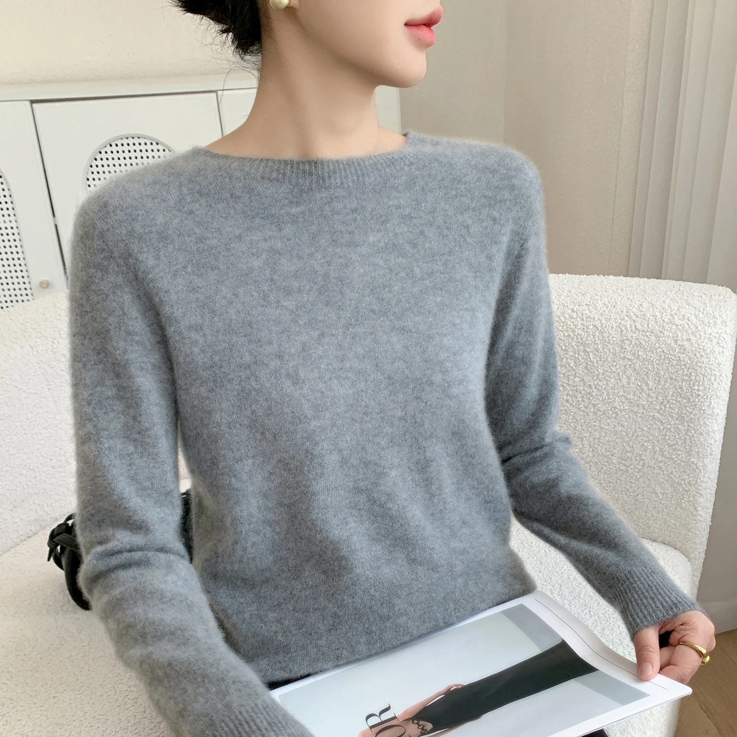 

Женский пуловер на осень/зиму, свитер из 100% чистого кашемира, повседневный вязаный свитер с круглым вырезом, свободные топы, базовая универсальная блузка