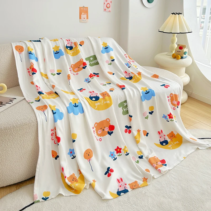 Cartoon Moon Bear Flowers Throw Blanket Colorful Floral Polyester Blanket for Couch Bed Sofa Outdoor Camping Kids Home Blankets