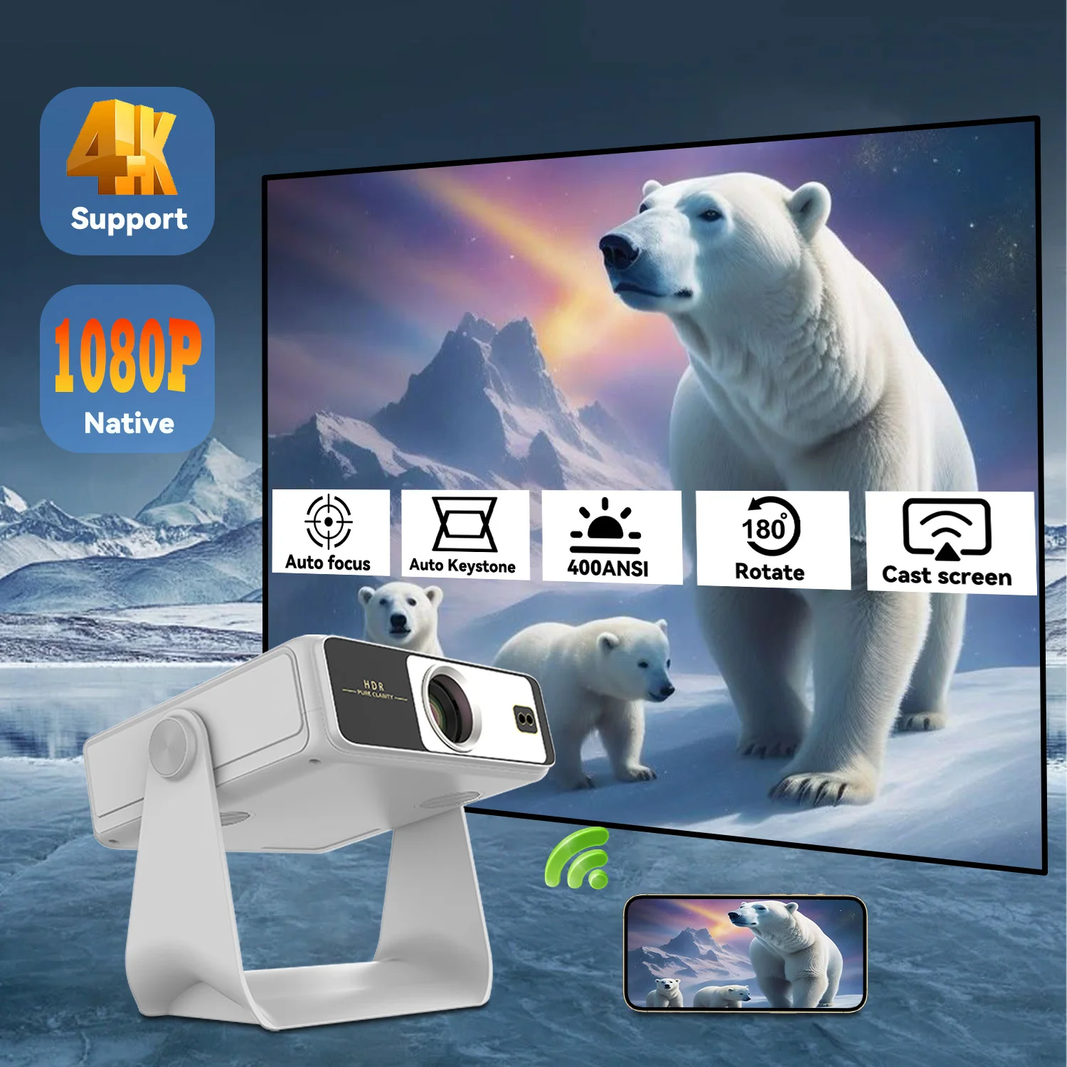 

Умный проектор, совместимый с Netflix, 1080P, 4K, вращающаяся сенсорная панель 7 дюймов — Wi-Fi 6, BT5.2, домашний кинотеатр, игровая офисная презентация