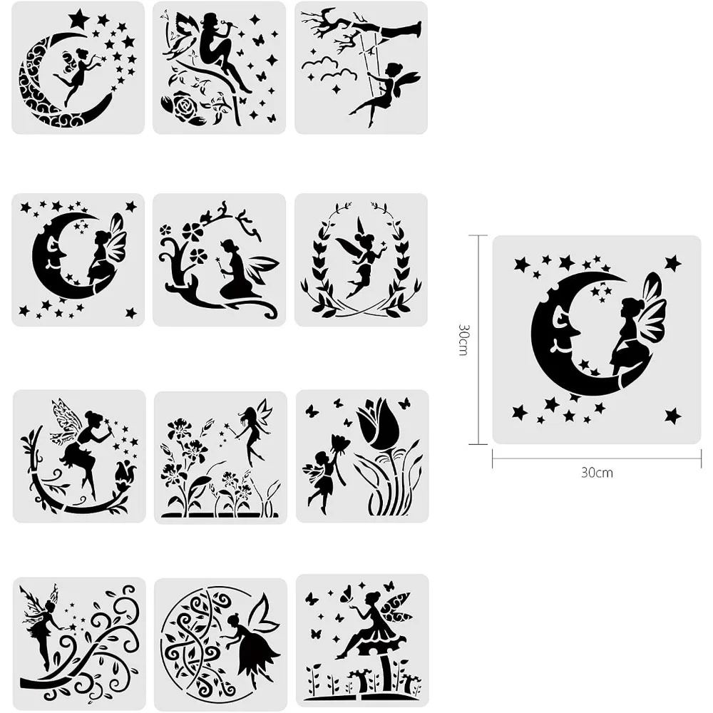 12PCS Plastic Drawing Templates 12x12 Inches Angel & Fairy Moon Flowers Pattern Painting Stencil for Scrabooking Card Making