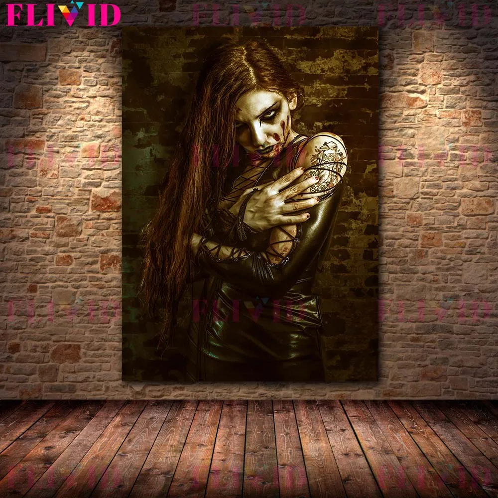 Gothic Black Metal Girl And Horror Clown Vintage Wall Art Canvas Painting Victorian Witch Of Death Poster And Print Home Decor